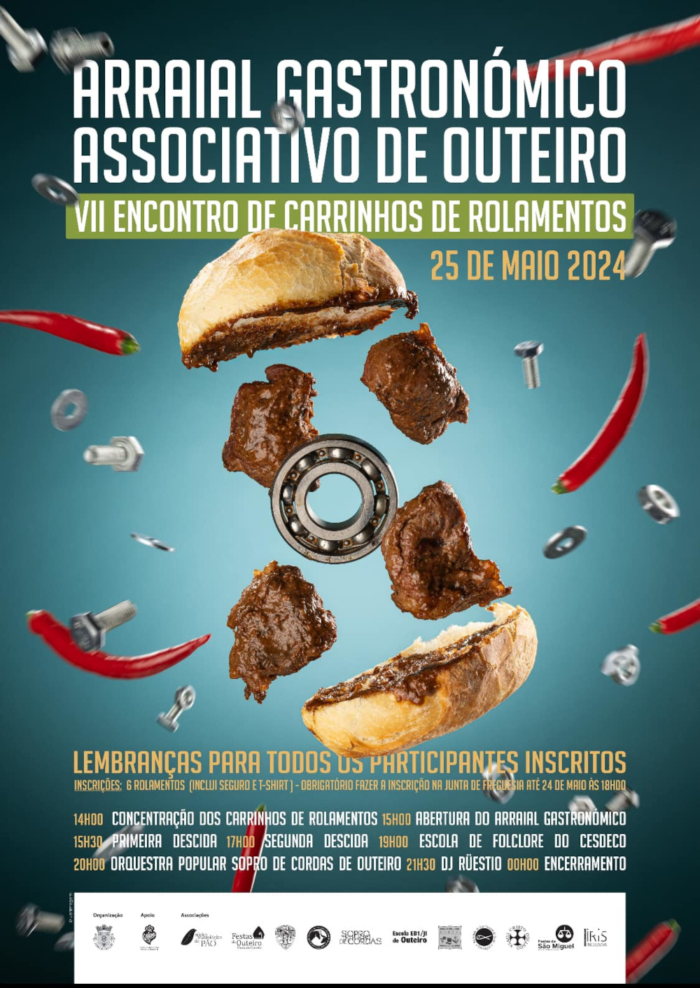 Cartaz da iniciativa Arraial Gastronómico Associativo de Outeiro e VII Encontro de Carrinhos de Rolamentos
