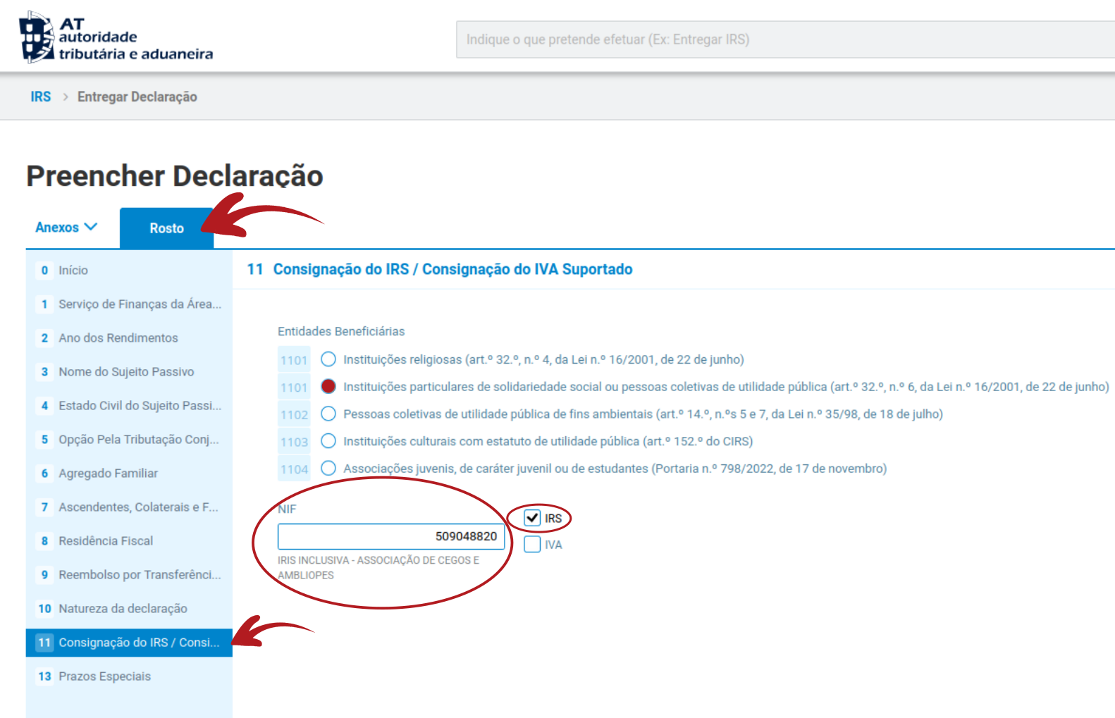Imagem do Portal das Finanças onde deve indicar o NIF 