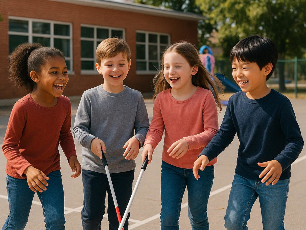 Quatro crianças, duas das quais com uma bengala branca, brincam no recreio de uma escola.